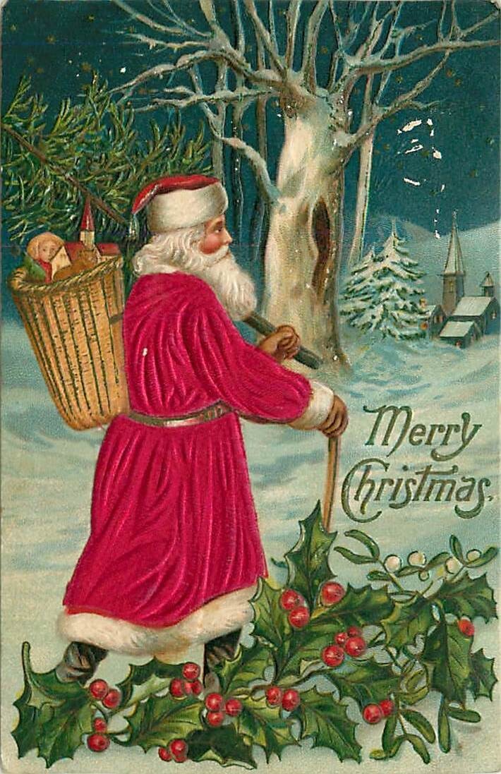 Embossed Christmas Postcard Silk Santa Claus Walking in Woods w/ Basket of Toys