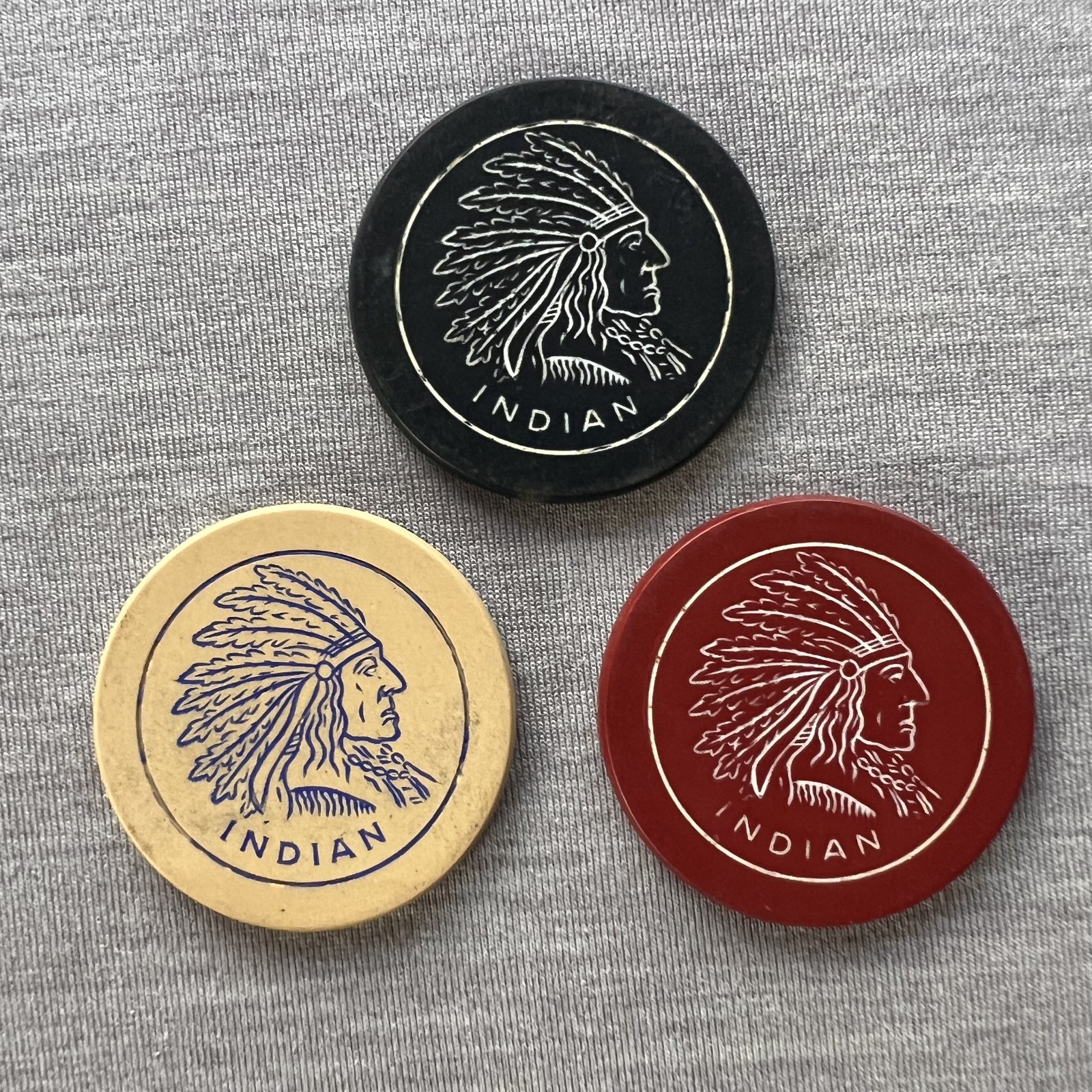1906 Design Vintage Antique Clay Poker Chips Engraved w/Indian Chief in 3 Colors