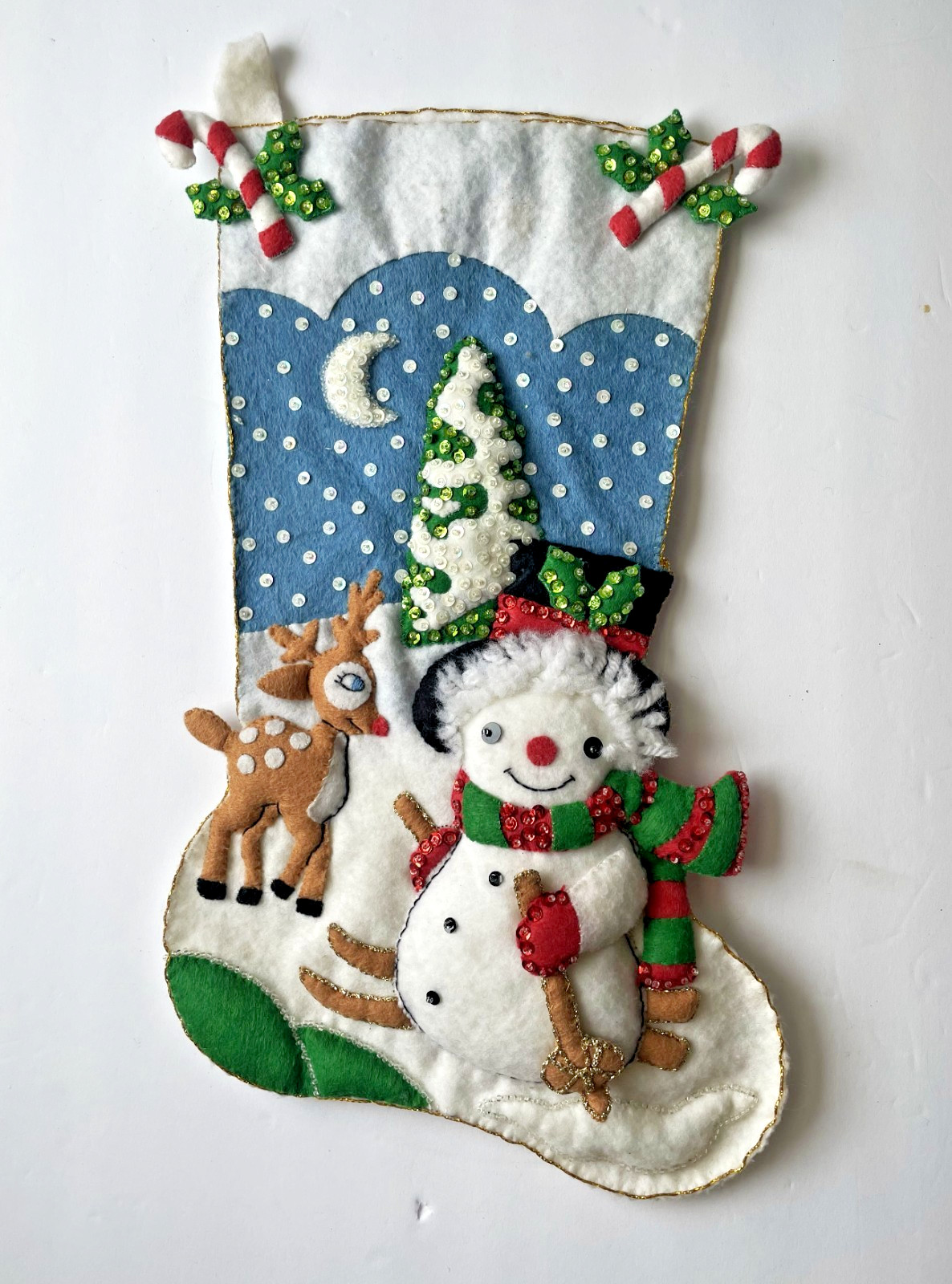 Vtg Handmade Felt Sequin Bead Stocking Christmas Tree Rudolph Snowman Bucilla