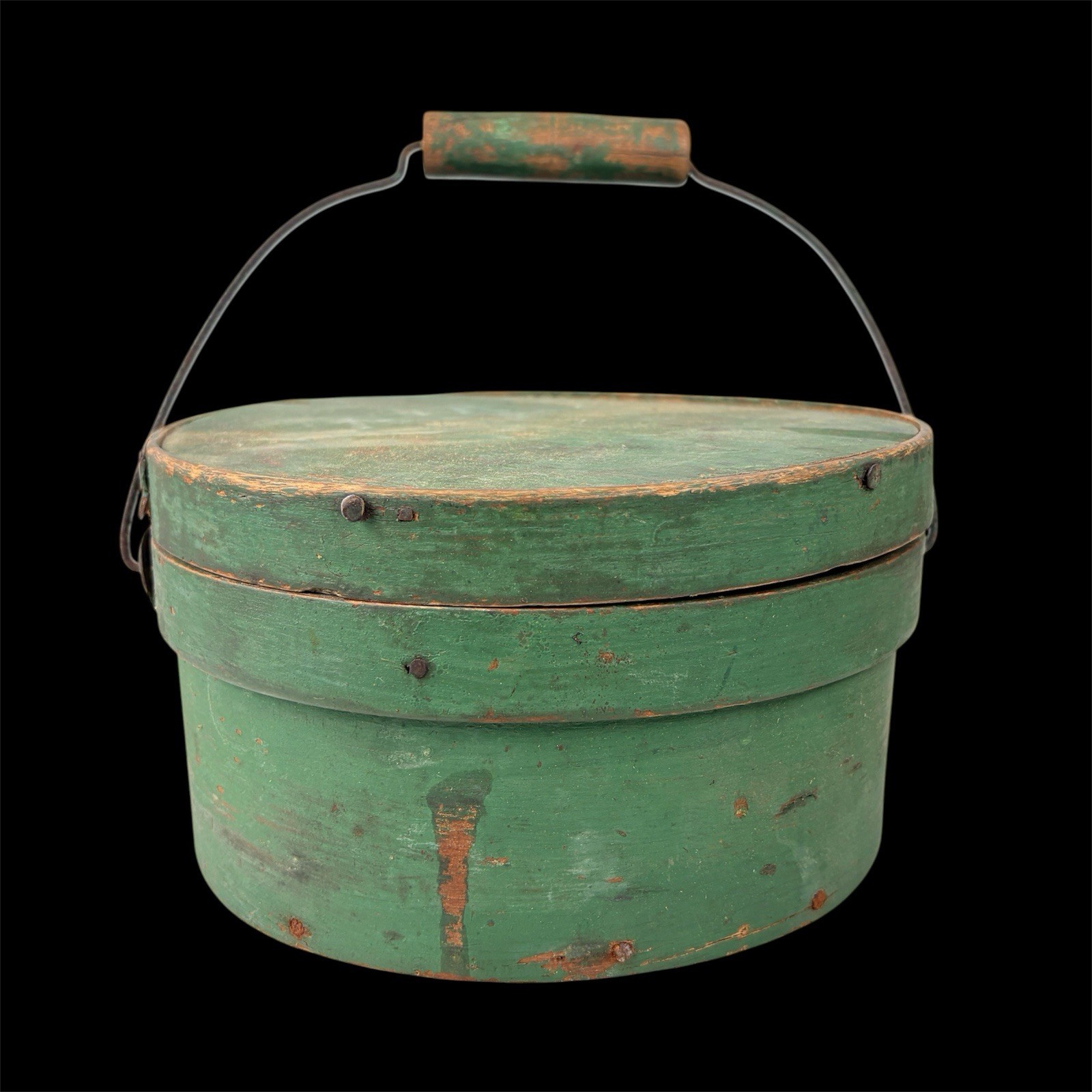 Pantry Box Antique 19thC Primitive Green Milk Paint Bentwood Bail Handle 9\