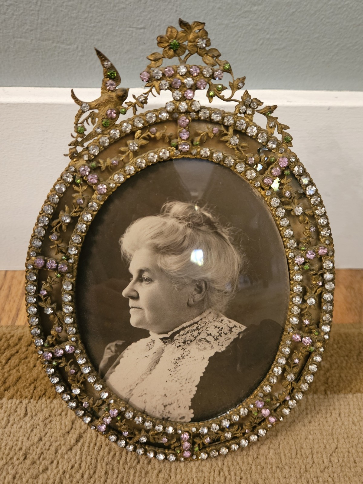Antique Art Nouveau Jeweled Cast Brass Picture Frame Bubble Glass c. 1900