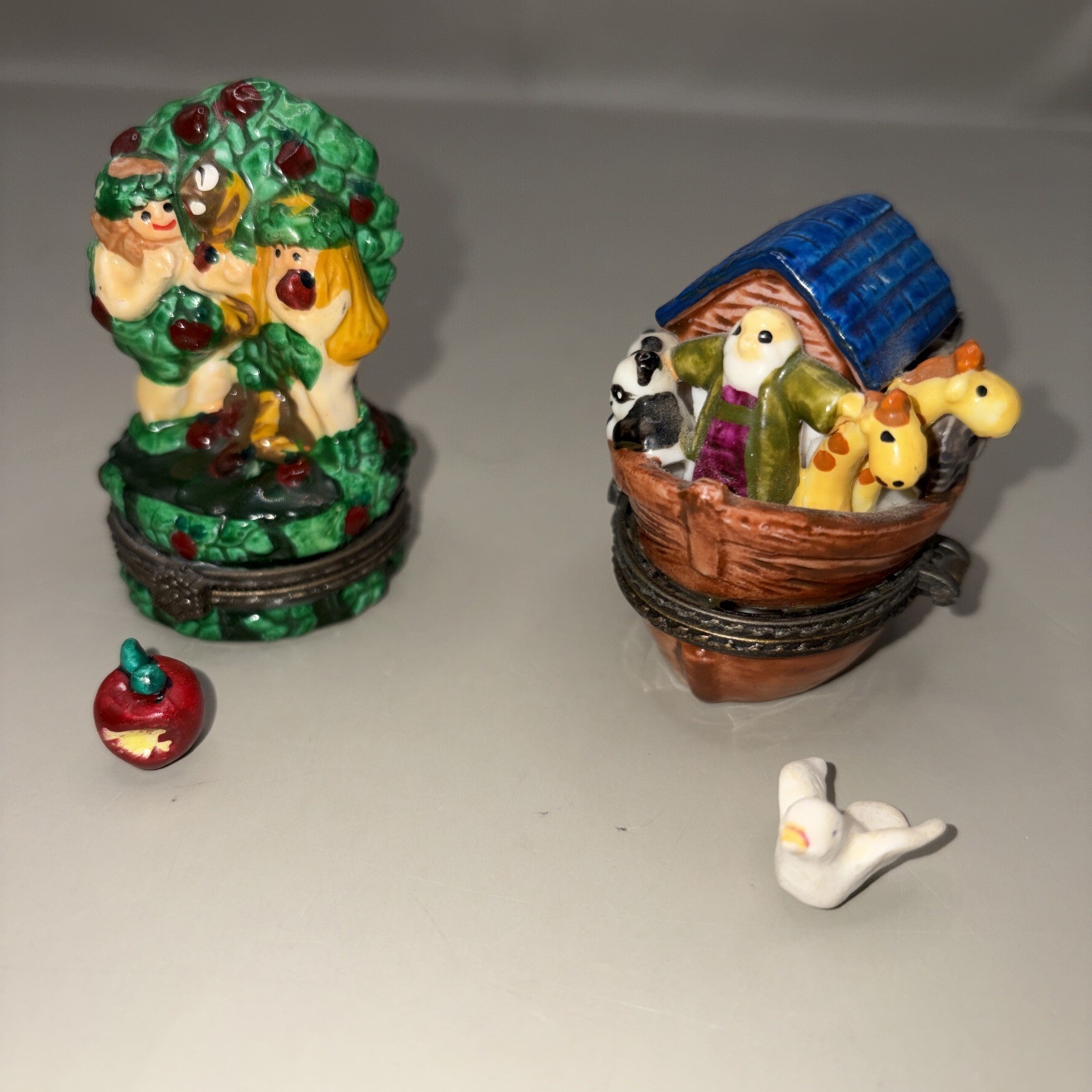 Vtg Biblical Hinged Trinket Box Lot Adam Eve Noahs Ark Porcelain Miniatures Set
