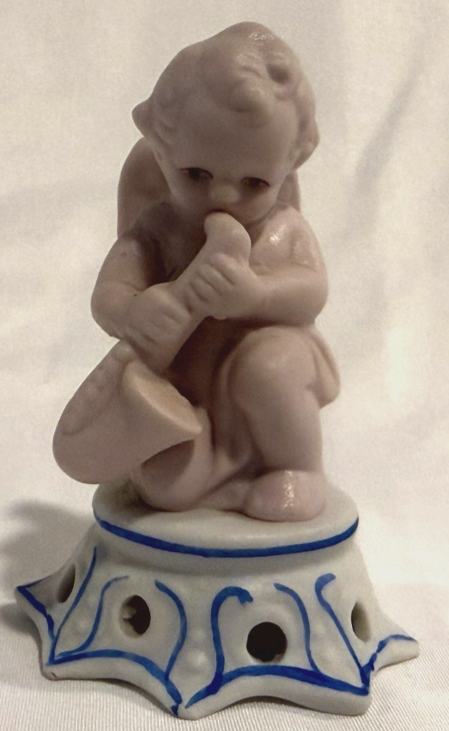 Vintage Made in Occupied Japan Bisque Cherub Angel Figurine Playing Horn Pedesta