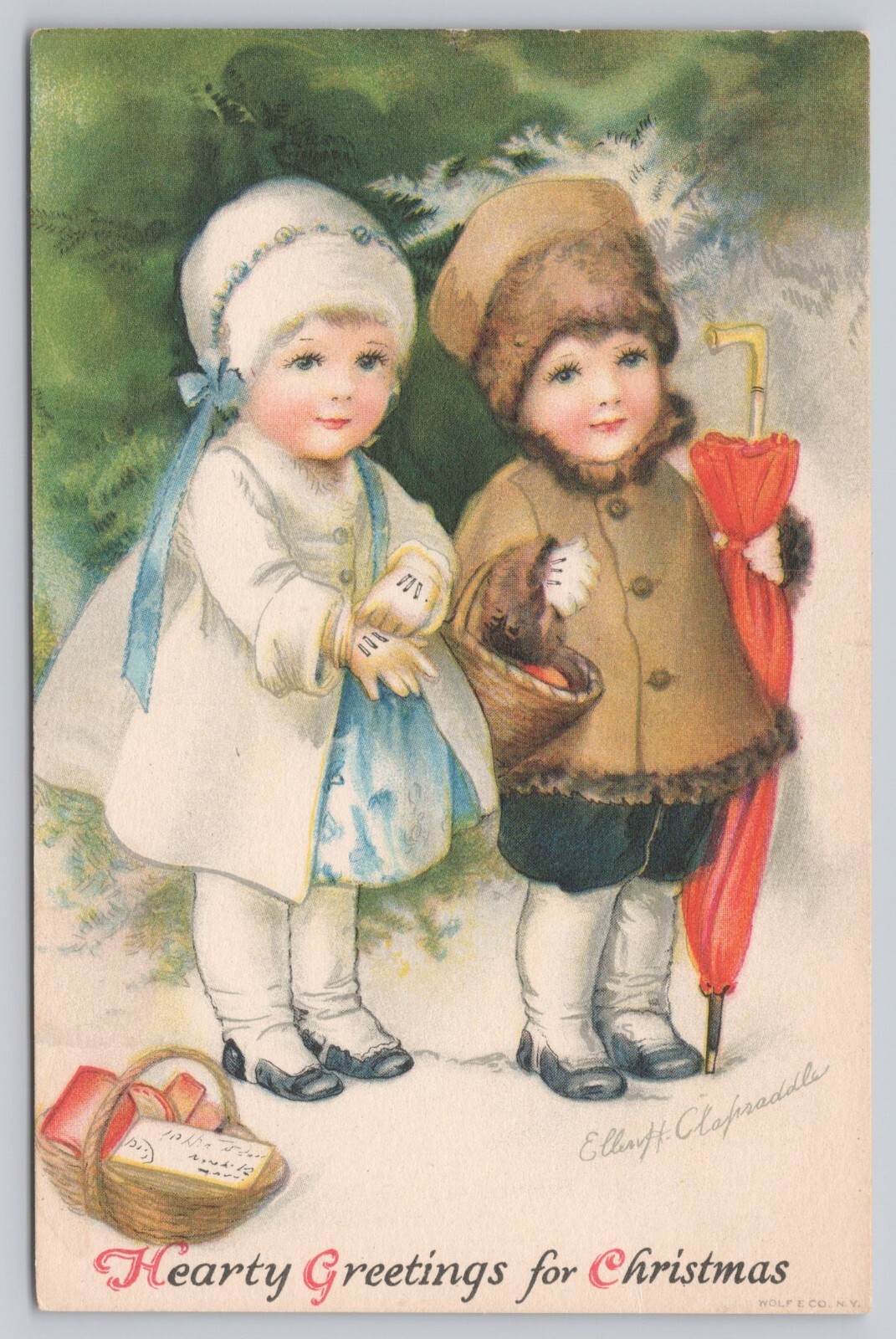 Hearty Greetings For Christmas Ellen H Clapsaddle Signed Dec. 25 1921 Postcard