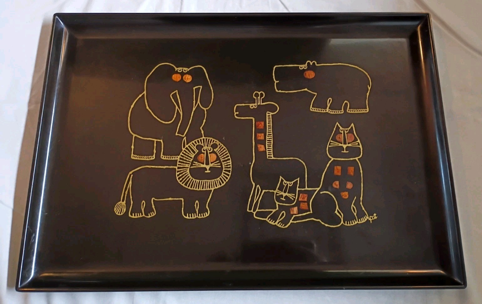 VTG MCM Couroc Of Monterey Cats Elephant Giraffe Hippo Hand Inlaid Serving Tray VTG MCM Couroc Of Monterey Cats Elephant Giraffe Hippo Hand Inlaid Serving Tray