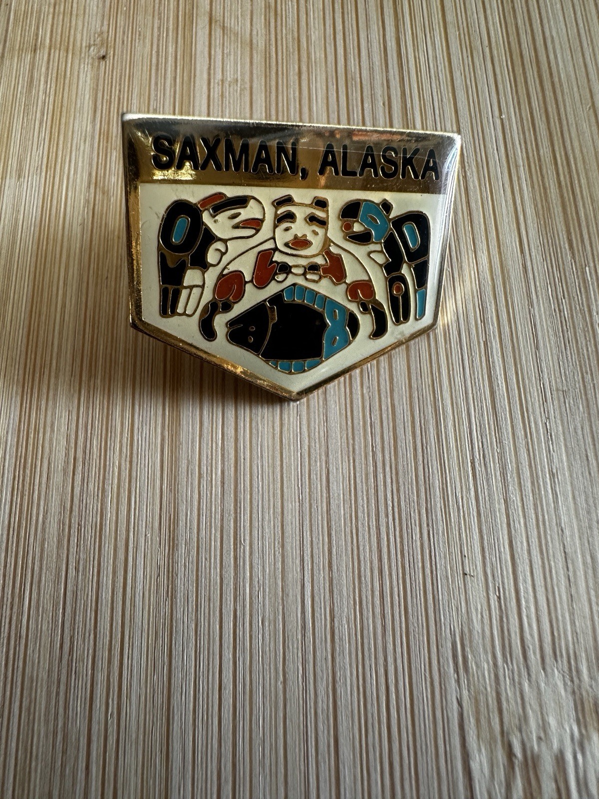 Saxman Alaska Enamel Souvenir Lapel Pin Gold Tone Vintage