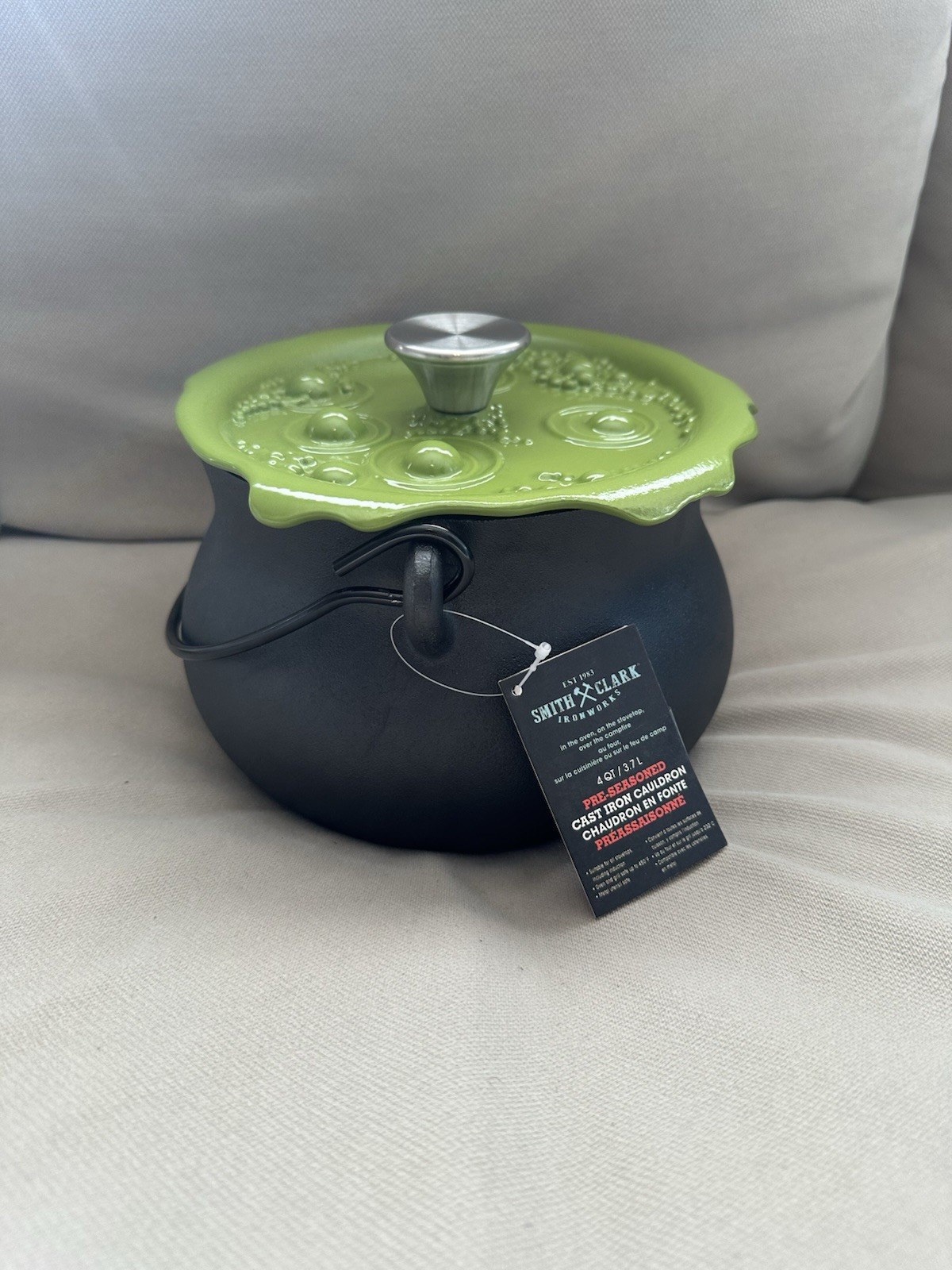 Smith and Clark 4 Quart Cast Iron Cauldron Pot Green Bubbling Lid NEW SHIP TODAY