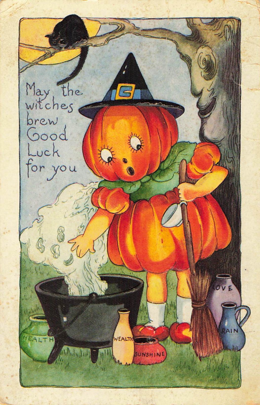 May The Witches Brew Good Luck To You Pumpkin Kettle Cat Halloween Postcard