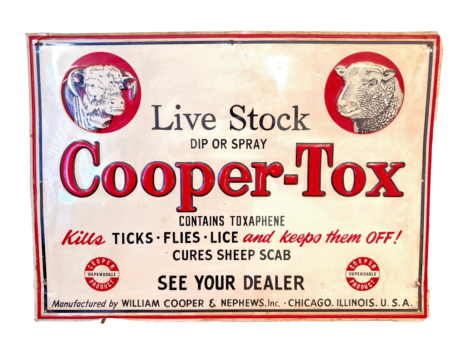 Rare Original 1950s COOPER-TOX Metal Embossed Sign - 28x20 Toxaphene Sheep Dip