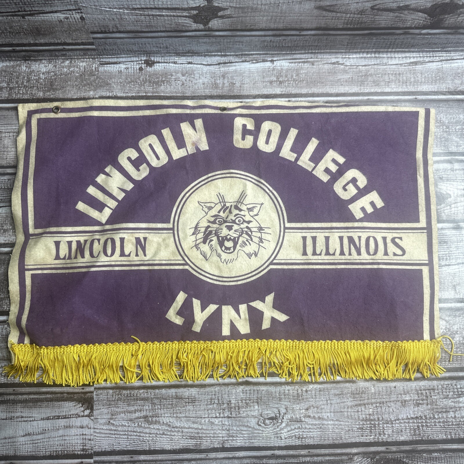 Vtg Lincoln College Lynx Lincoln, Illinois Felt Flag Pennant Banner Logo 16 X 10