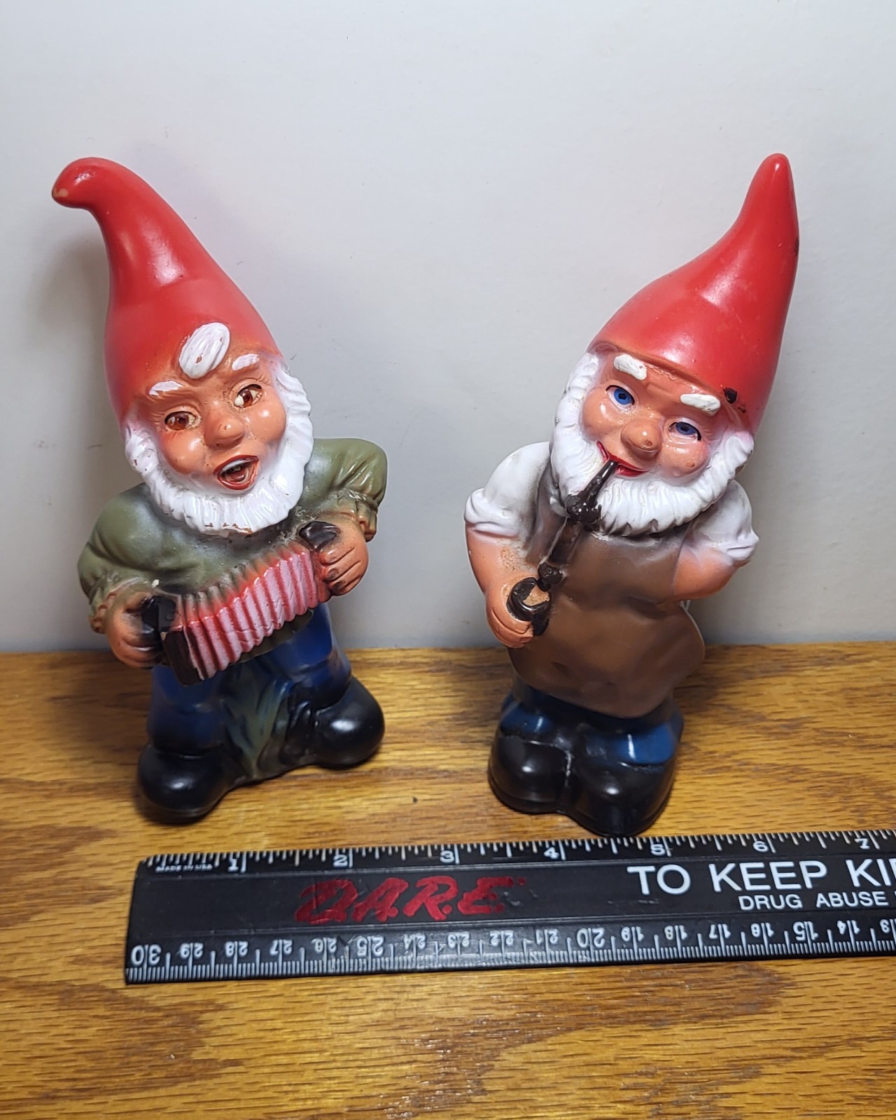 2-vtg Gnome Elf with Accordion/pipe Hollow Hard Rubber Figure 5 1/2