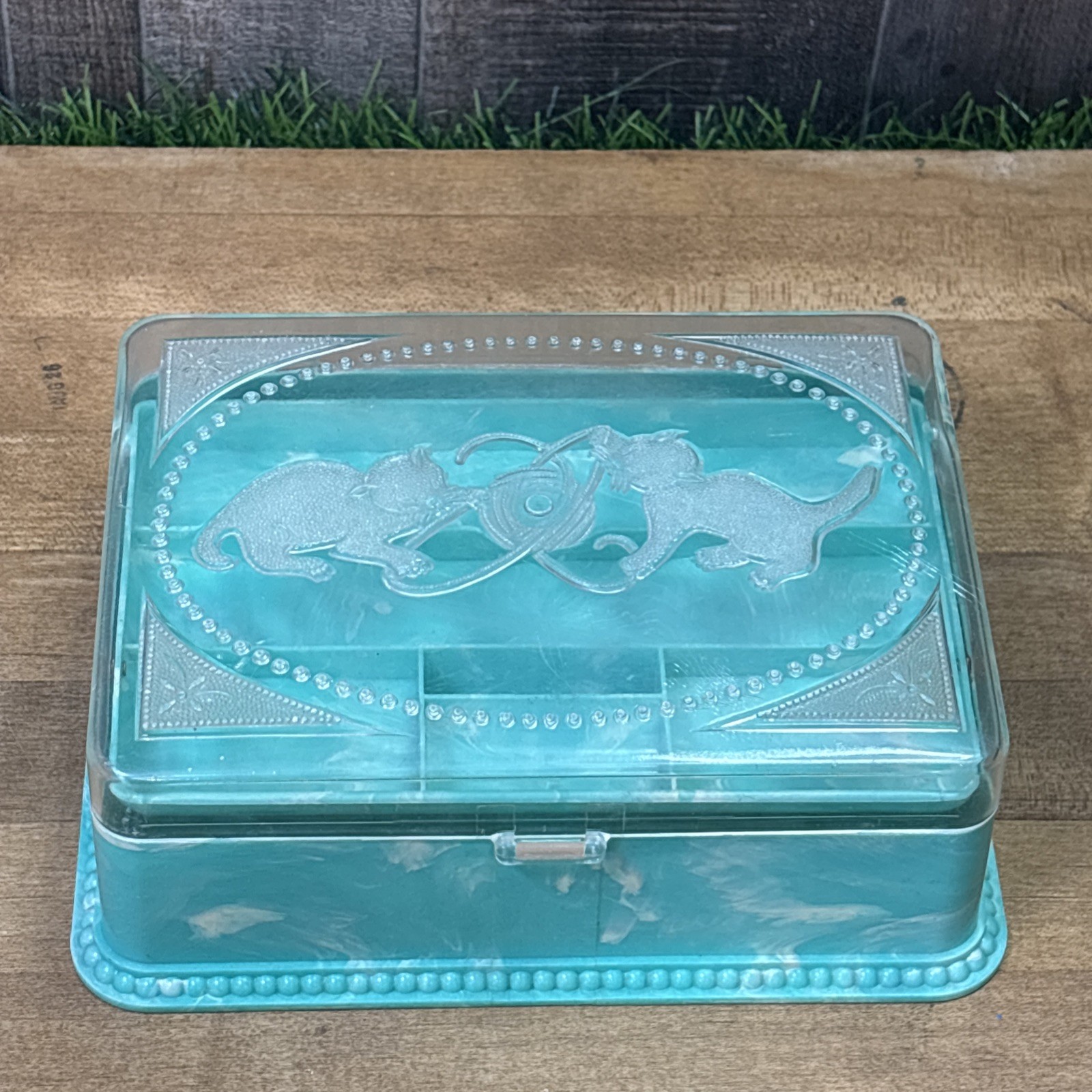 Vintage 1950s Holmer Kitten Box Jewelry Sewing Light Blue Faux Marble Plastic