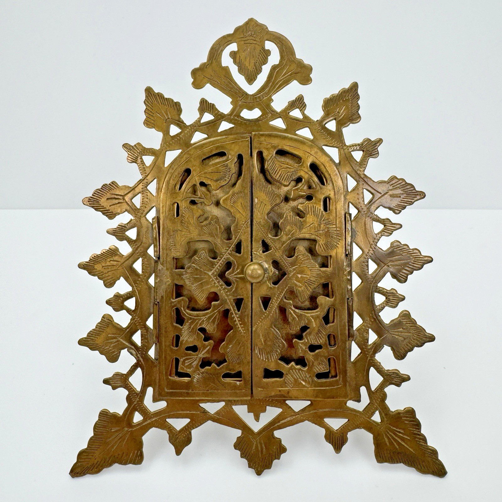 Vintage Moroccan Style Brass Picture Frame Triptych w/ Doors Made in India Boho