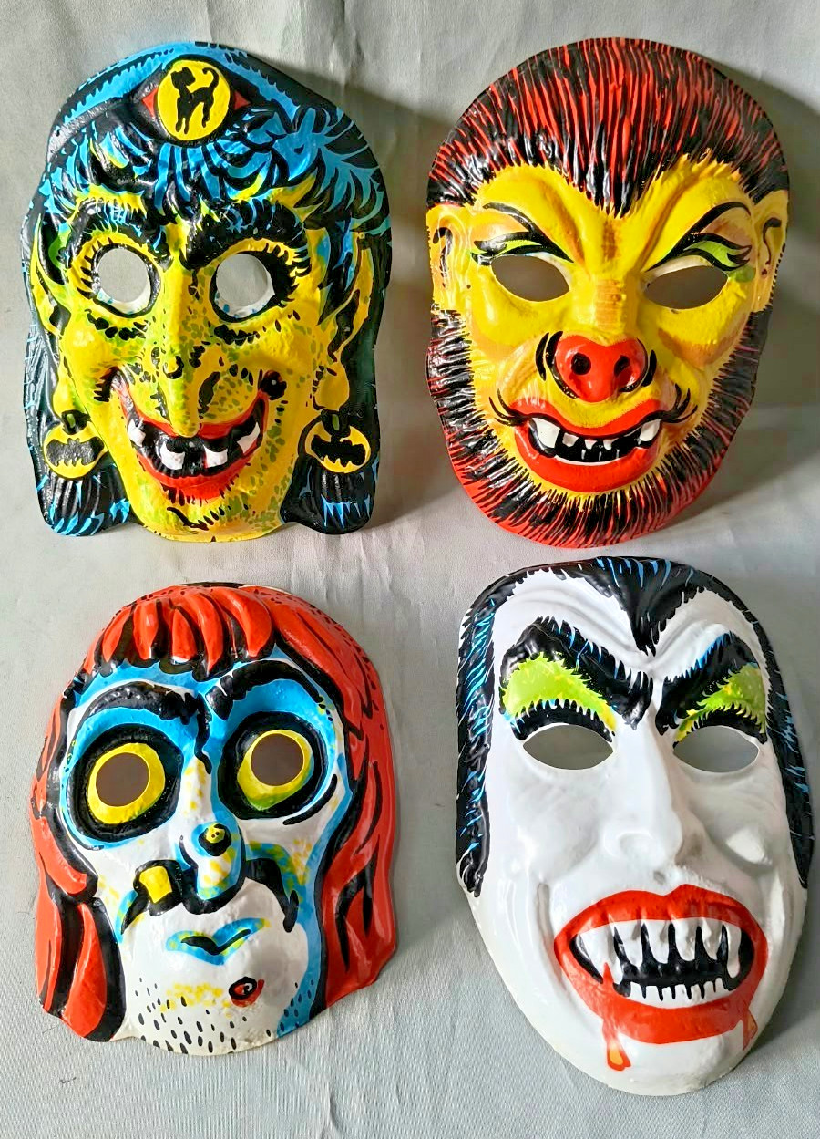Vintage 60´s Monsters Halloween Mask Plastic Childs Costume Lot Dracula Wolfman