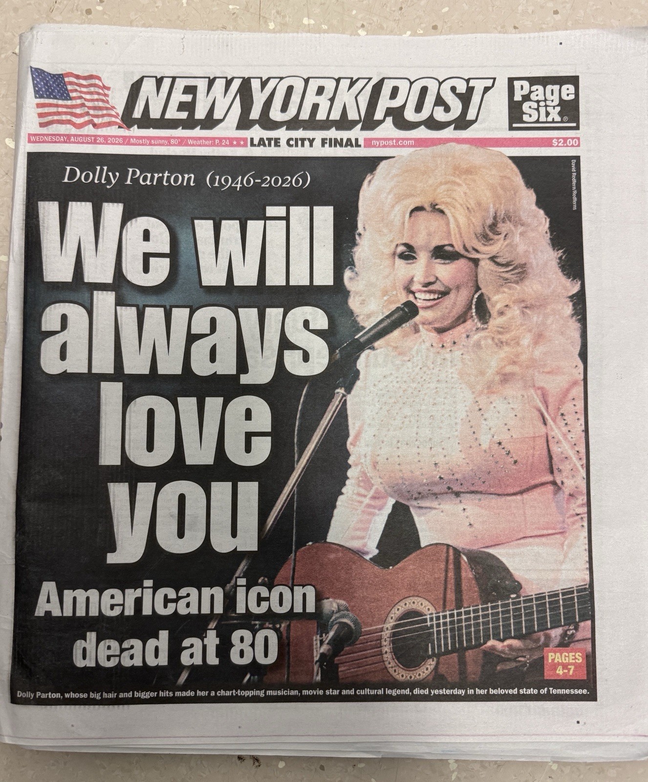 New York Post 8/26/26 Dolly Parton WE WILL ALWAYS LOVE YOU Complete Newspaper New York Post 8/26/26 Dolly Parton WE WILL ALWAYS LOVE YOU Complete Newspaper
