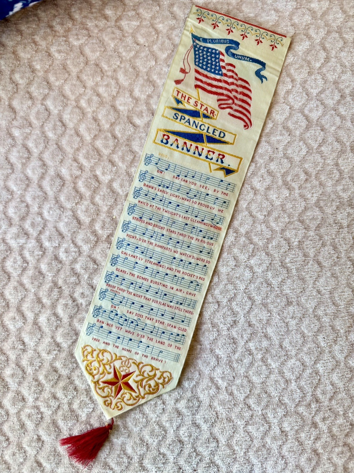Antique Warner Mfg Co Woven Silk Star Spangled Banner Ribbon Tassel, Late 1800s Antique Warner Mfg Co Woven Silk Star Spangled Banner Ribbon Tassel, Late 1800s