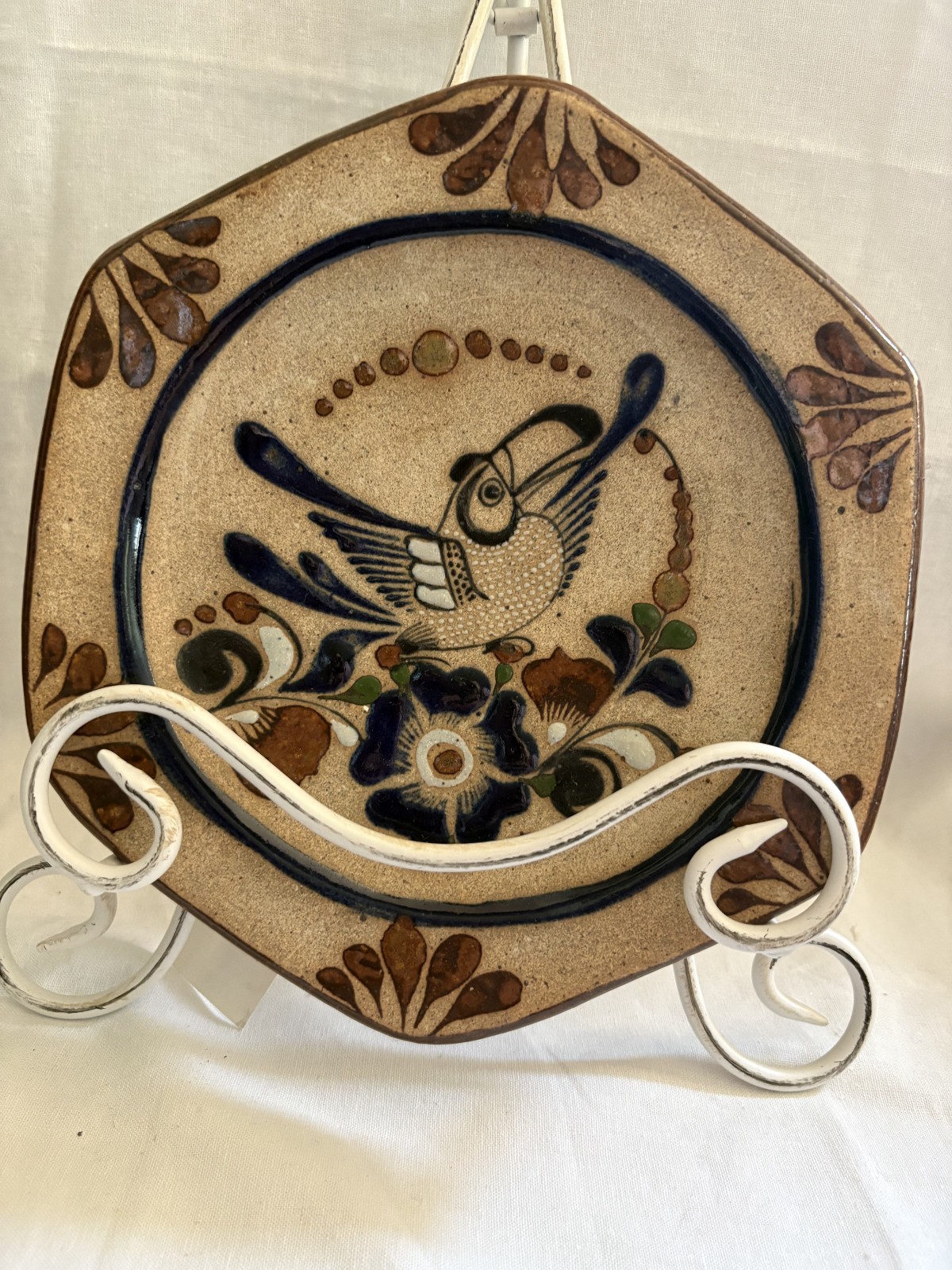 Vintage, Tonala Sandstone Mexican Art, Pottery Hexagon Wall Plate Vintage, Tonala Sandstone Mexican Art, Pottery Hexagon Wall Plate