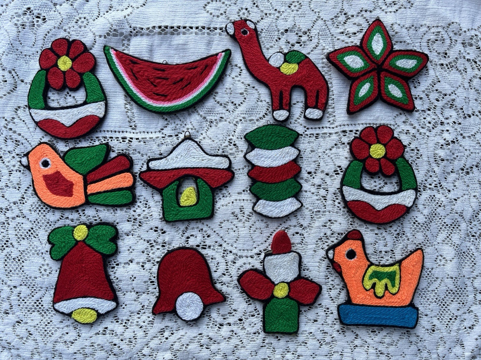 Vintage Mexican Folk Art Huichol Embroidery Ornaments Set Of 12