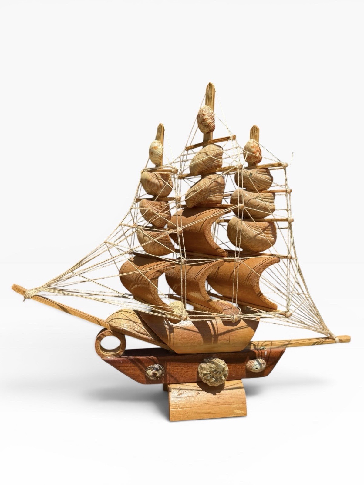 Vintage 1970’s Handmade Wooden Ship Made of Sea Shells and String