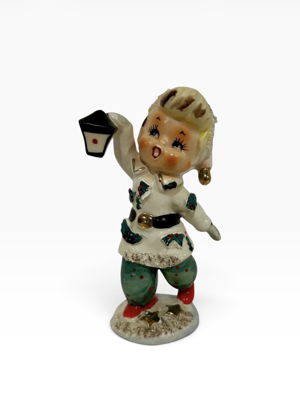 VTG Geo Z Lefton Caroler Holly Berry Boy Lantern w/ Lefton Label Japan **READ VTG Geo Z Lefton Caroler Holly Berry Boy Lantern w/ Lefton Label Japan **READ