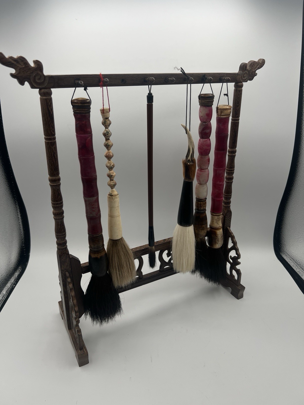 Antique CHINESE Calligraphy Hanging Brush Rosewood Display Stand & Brush Set Antique CHINESE Calligraphy Hanging Brush Rosewood Display Stand & Brush Set