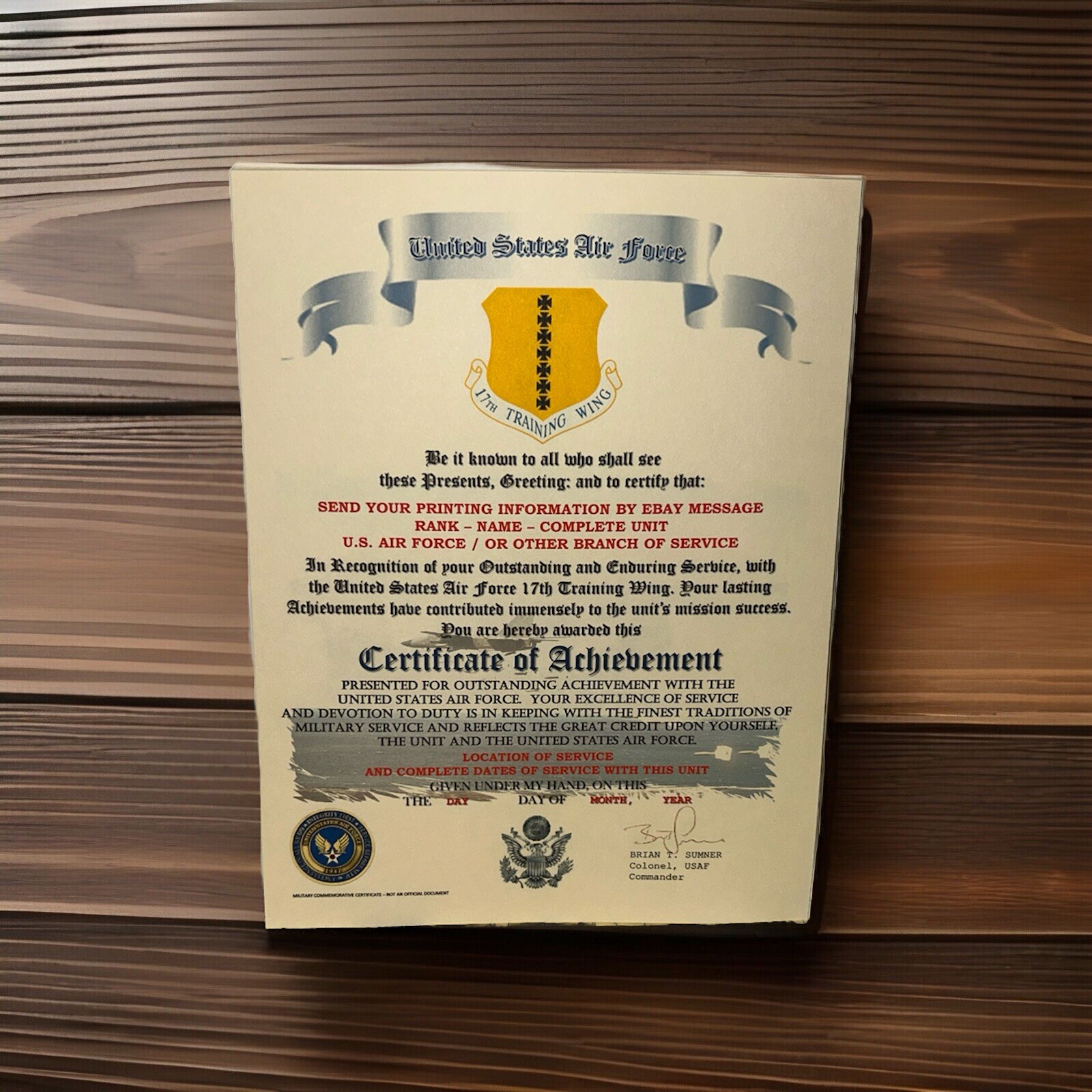 U.S.A.F. / AIR FORCE 17TH TRAINING WING - CERTIFICATE OF ACHIEVEMENT