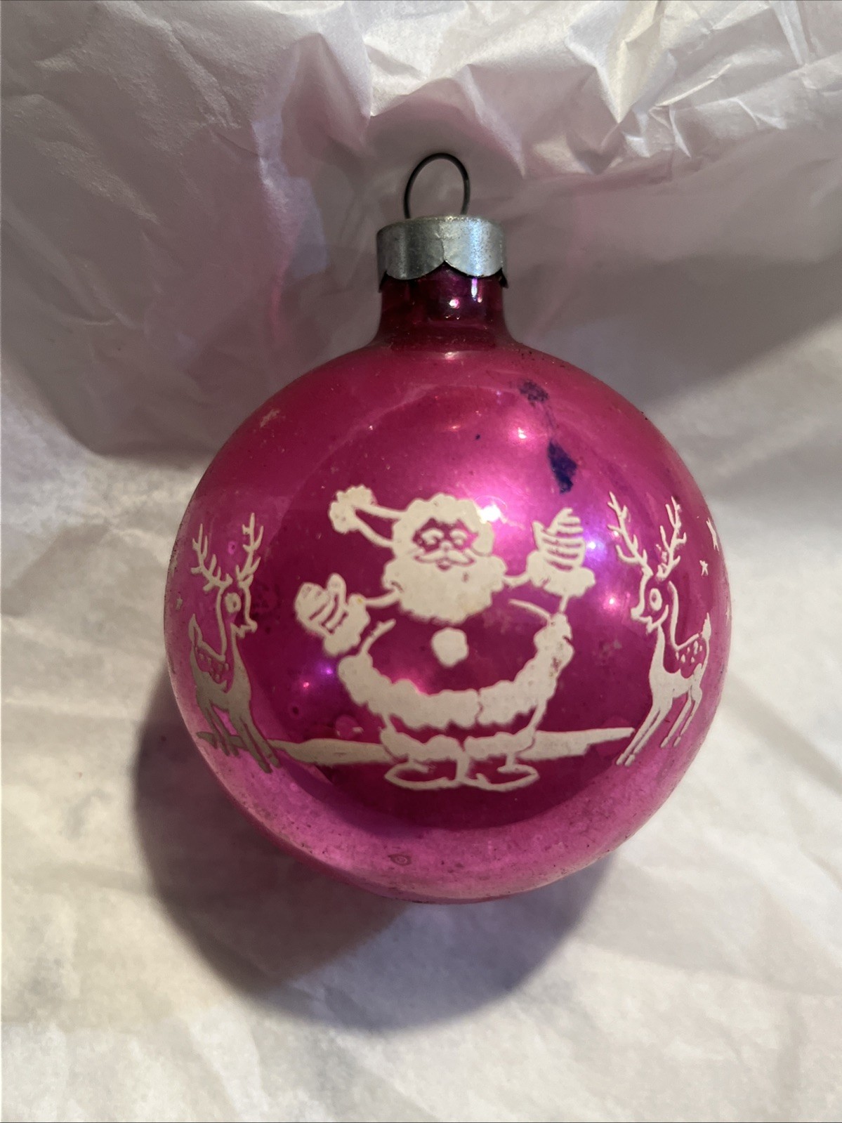 Vintage Santa w/ Reindeer Pink Stencil Christmas Ornament Corning Franke Vintage Santa w/ Reindeer Pink Stencil Christmas Ornament Corning Franke