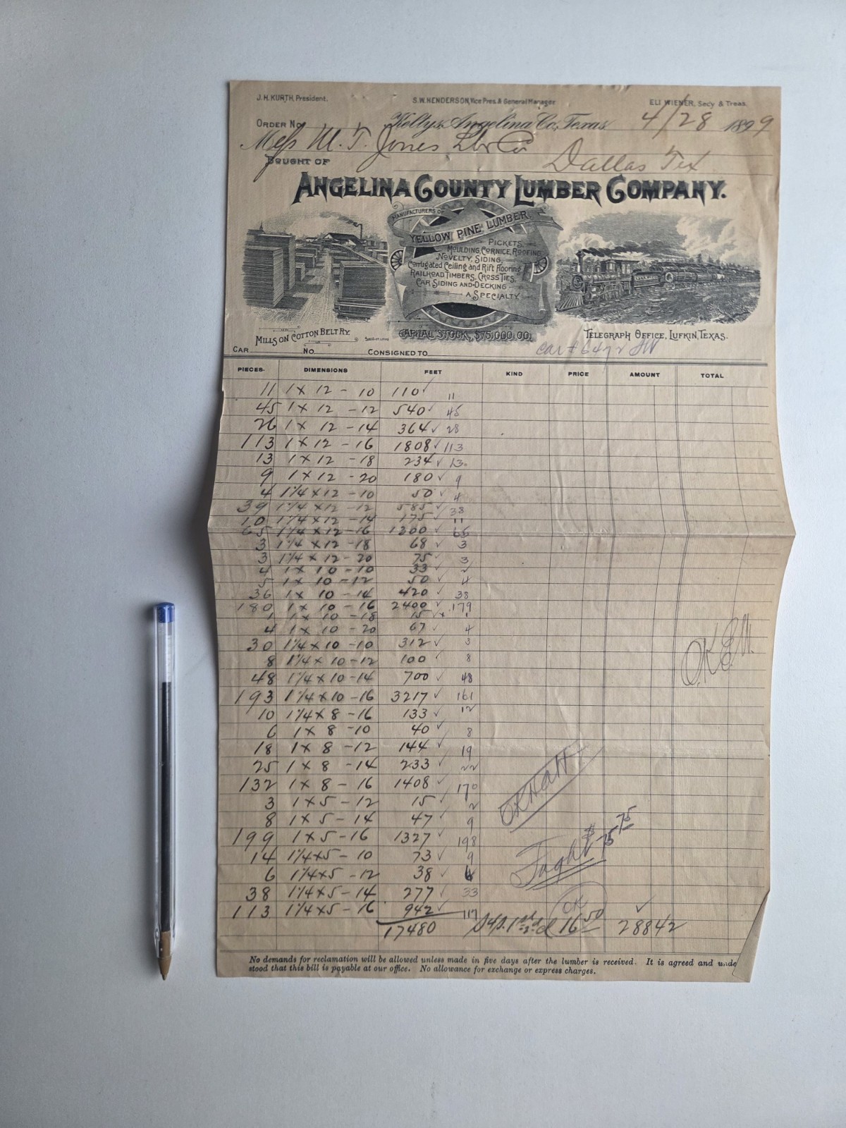 1899 Angelina County Lumber Company Keltys Texas Billhead Logging Train Sawmill