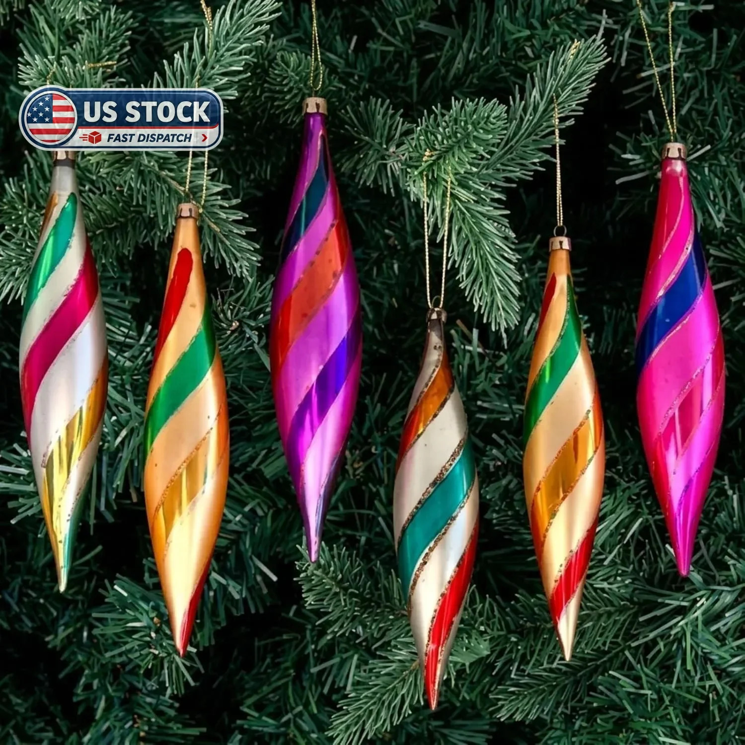 6 Pcs Vintage Glass Finial Christmas Candy-striped Icicle Ornaments