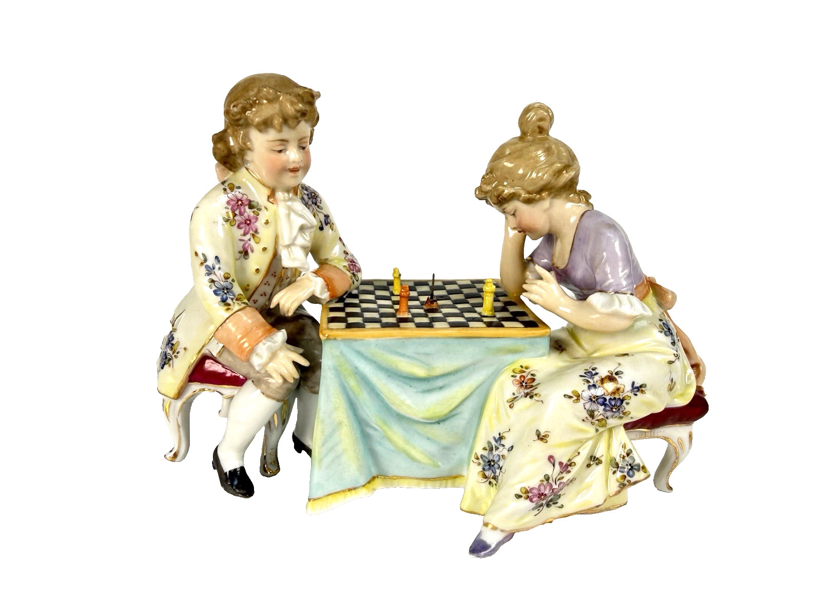 Richard Eckert Volkstedt Dresden Porcelain Figurine Chess Game Group 8366 Antiqu Richard Eckert Volkstedt Dresden Porcelain Figurine Chess Game Group 8366 Antiqu