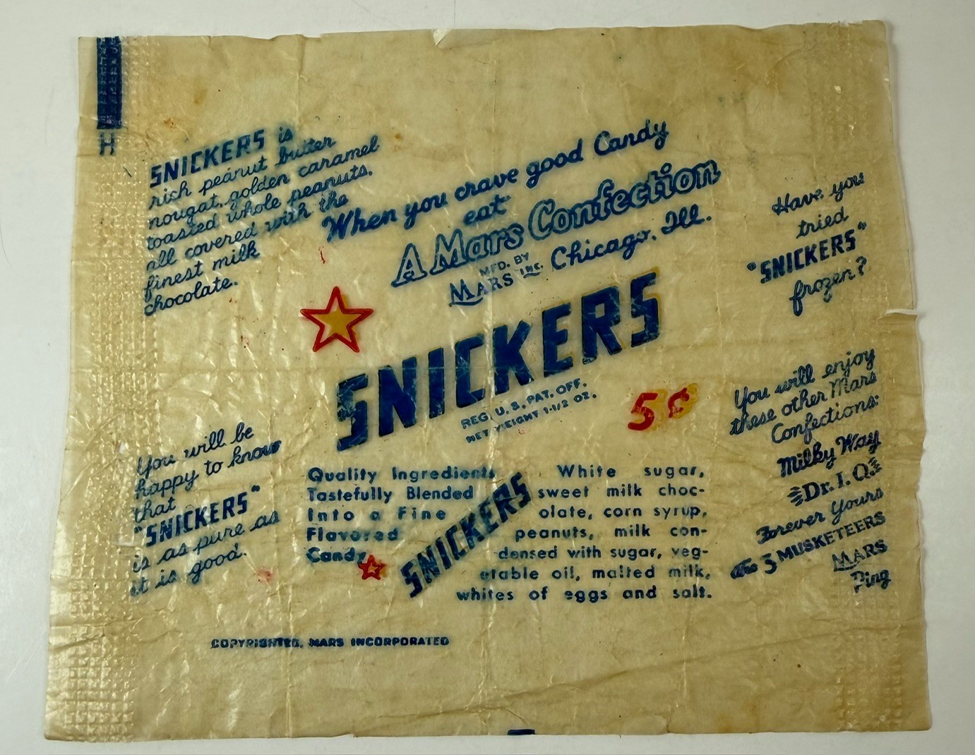 Scarce Vintage FIVE CENT Snickers CANDY BAR WRAPPER Mars Confection Chicago