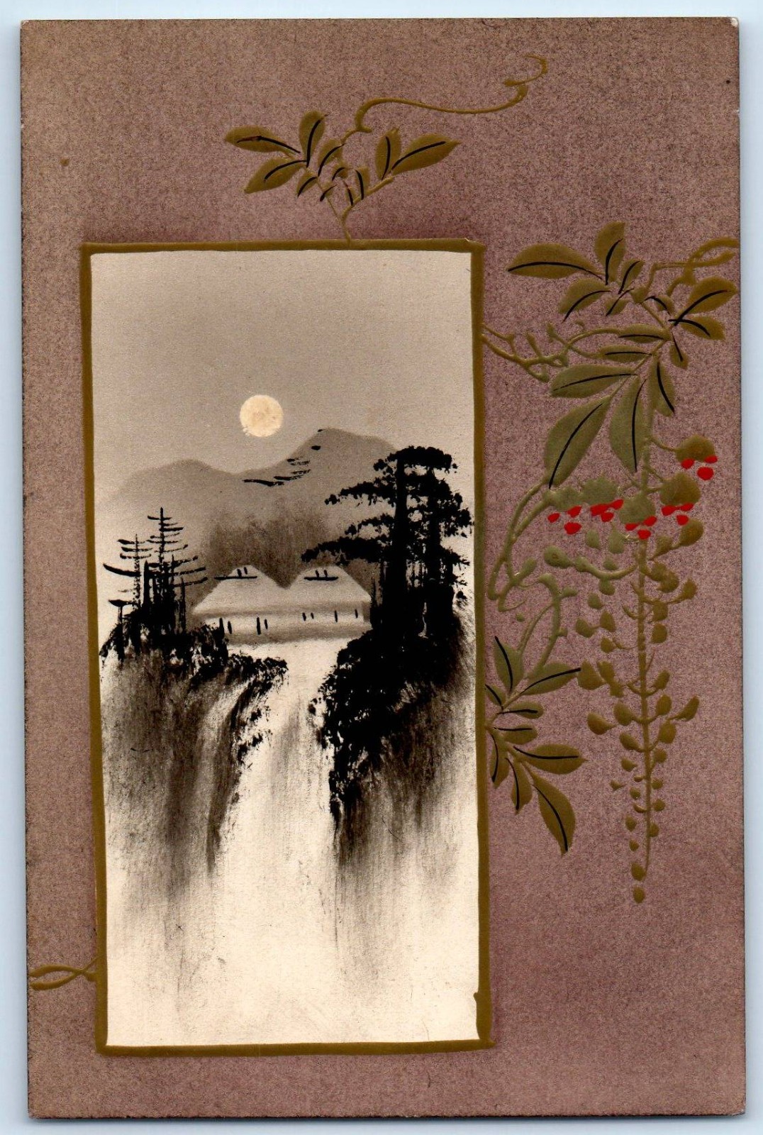c1910\'s Moonlight Scene Showing Waterfall Trees Hand Painted Art Japan Postcard