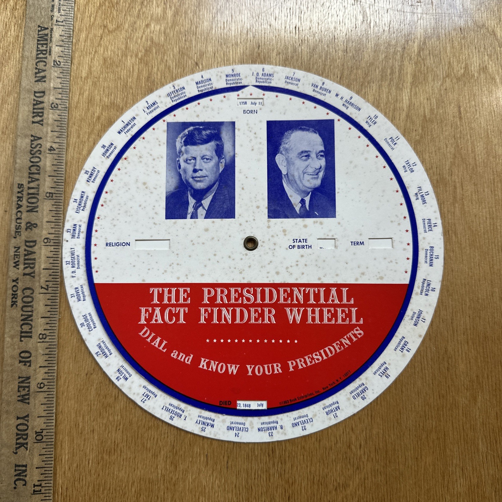 Vintage 1963 Presidential Fact Finder Wheel John F Kennedy LBJ