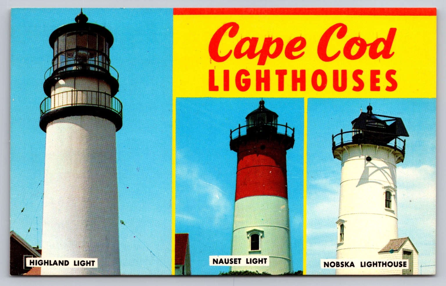 Cape Cod Lighthouses Highland Nauset Nobska MA Postcard Shoreline Chrome