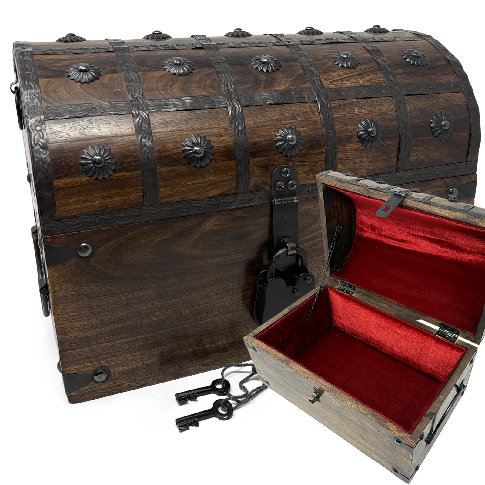 Wooden Treasure Chest with Padded Velvet Lining and Antique Lock with Skeleton K