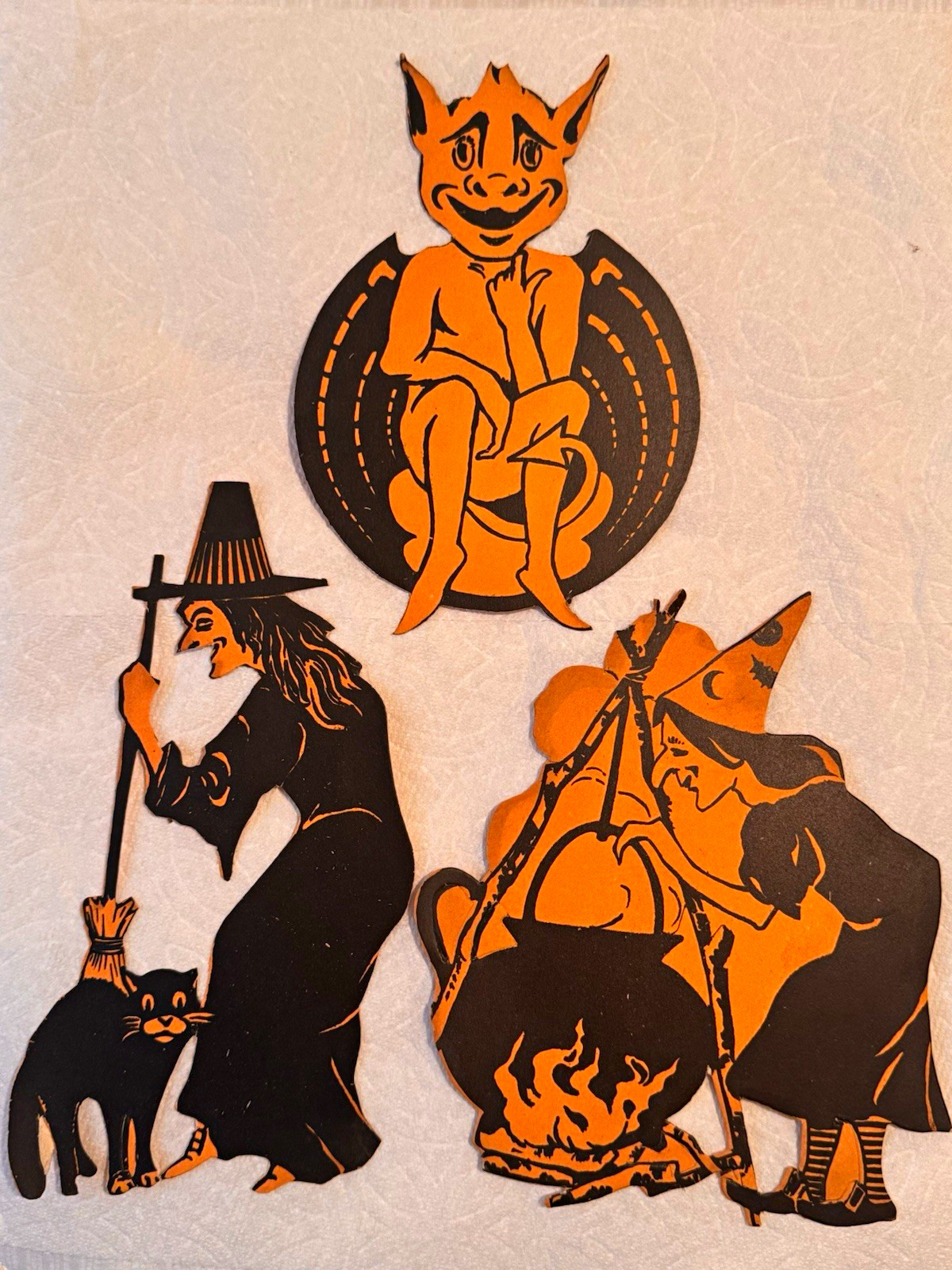 HTF LOT OF 3 Antique 1920-1930s Halloween Die-Cut paper Devil Witch Cat Cauldron
