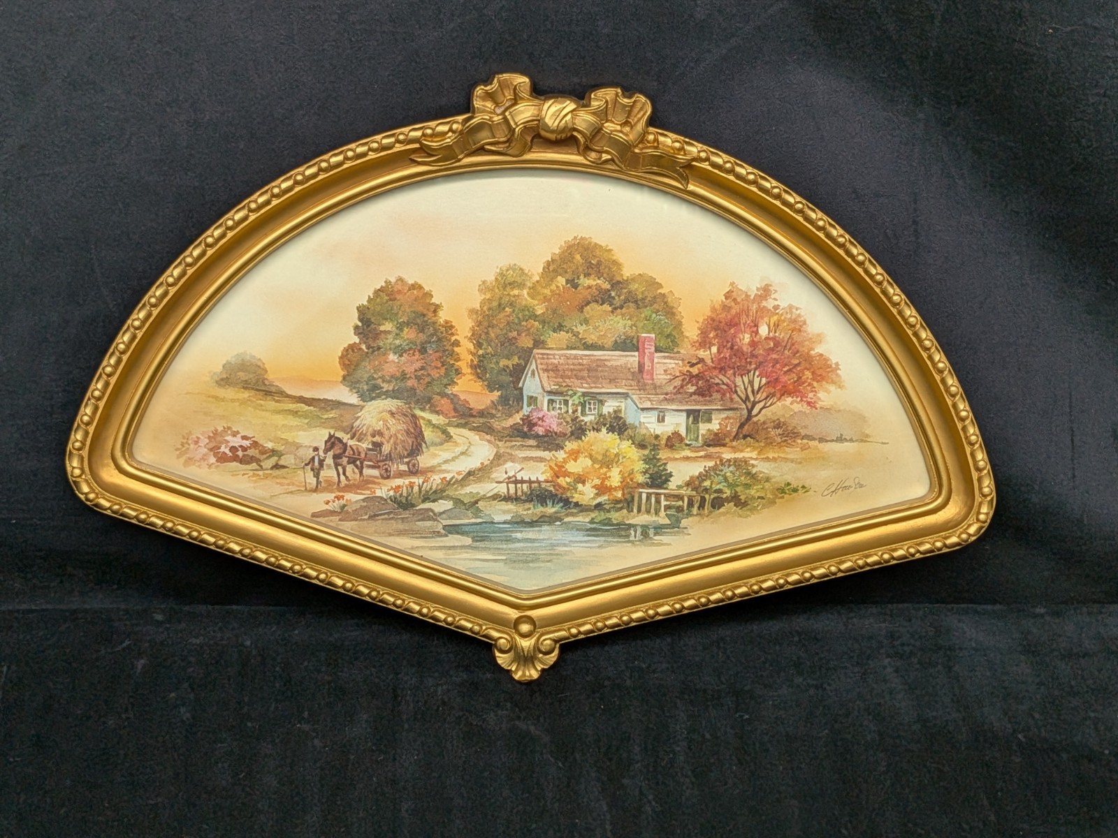 Vtg 80’s Homco Autumn Harvest Farmhouse Gold Fan Shape Frame Bow Cottage Vibrant