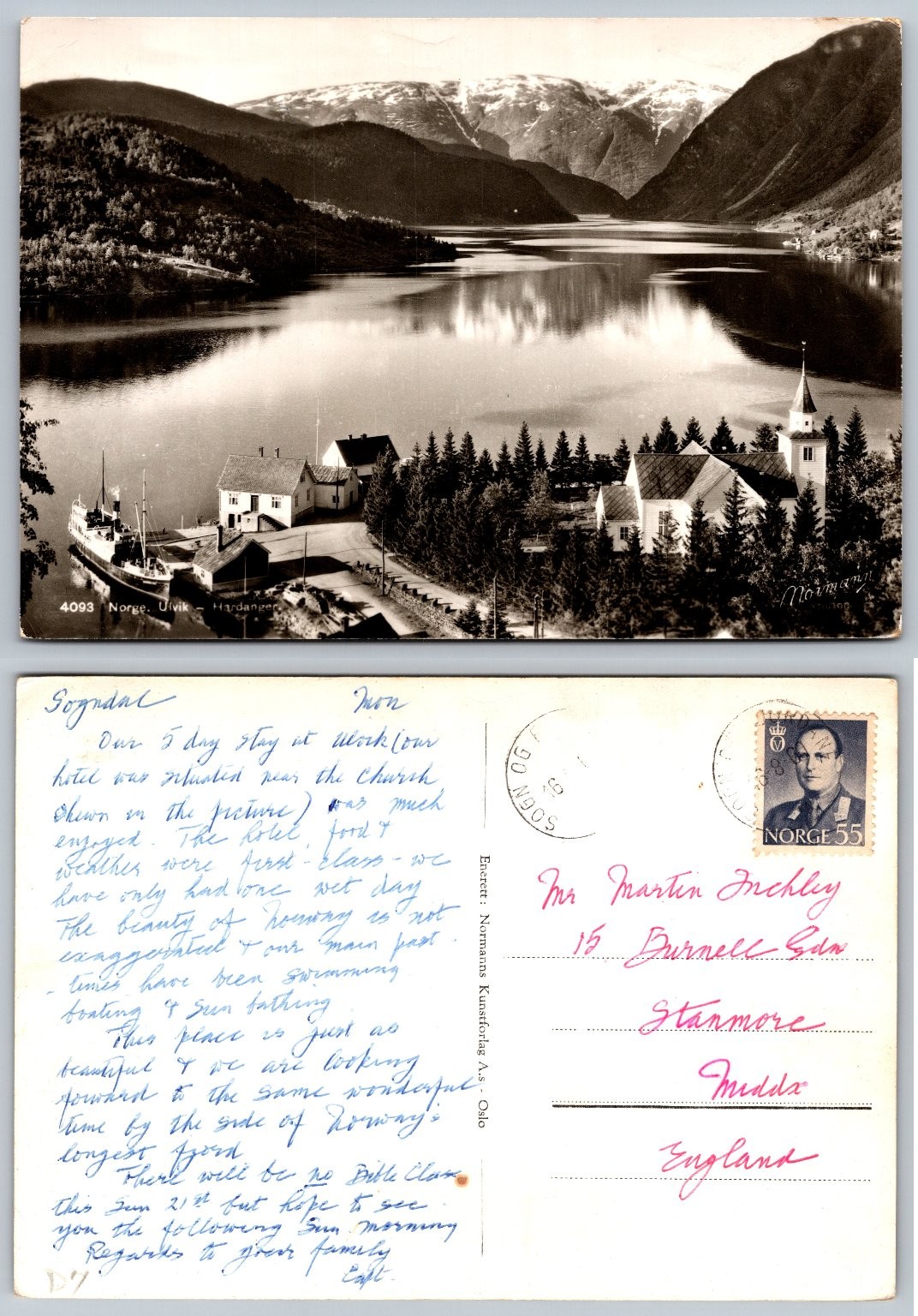 Vintage RPPC Ulvik Hardanger Fjord Norway Village Ship Church 1955 Postcard