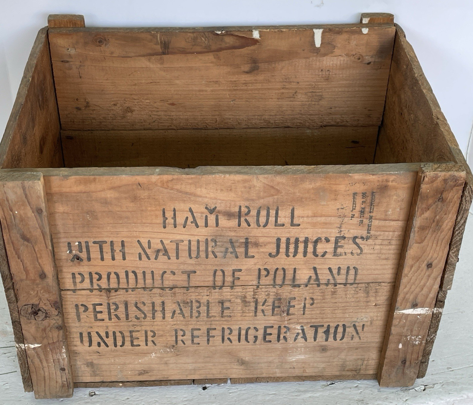 VTG WOODEN KRAKUS CRATE TINNED HAM ROLL POLAND ANTHRACITE PROVISION SHAMOKIN PA