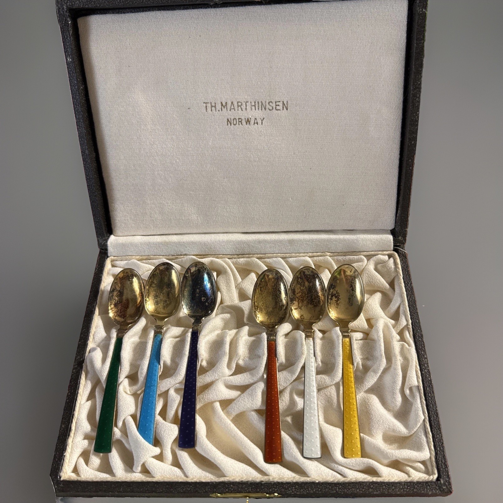Vintage Norway Sterling Silver Guilloche Enamel Spoons Set 6 Box Th Marthinsen