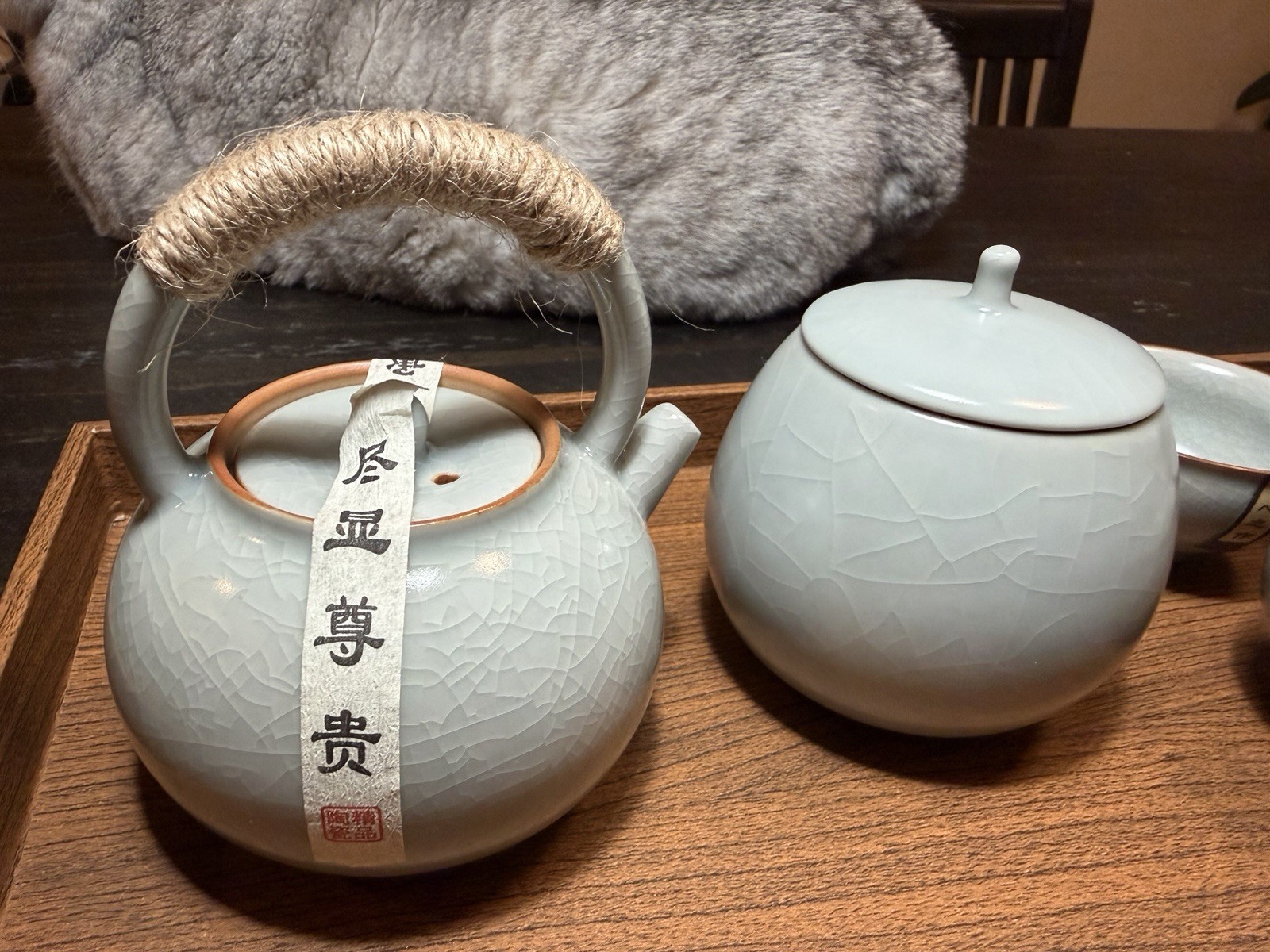 Premium Chinese Ru Kiln (Ruyao) Porcelain Tea Set – Teapot, Tea Caddy & 4 Cups