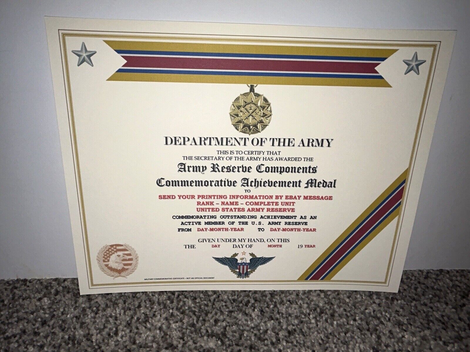 RESERVE COMPONENTS ACHIEVEMENT COMMEMORATIVE MEDAL CERTIFICATE~W/PRINTING T-1