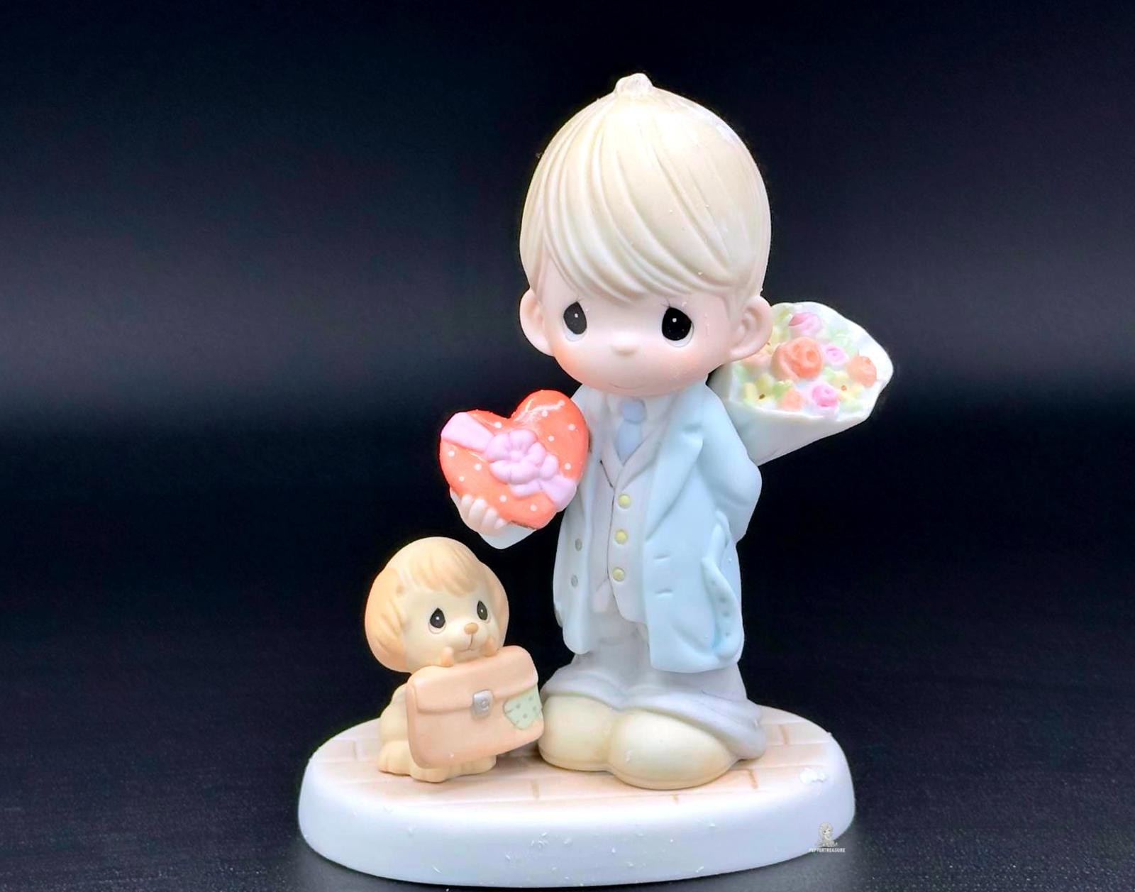 Precious Moments Vintage Figurine Boy with Puppy and Heart Bouquet Collectible