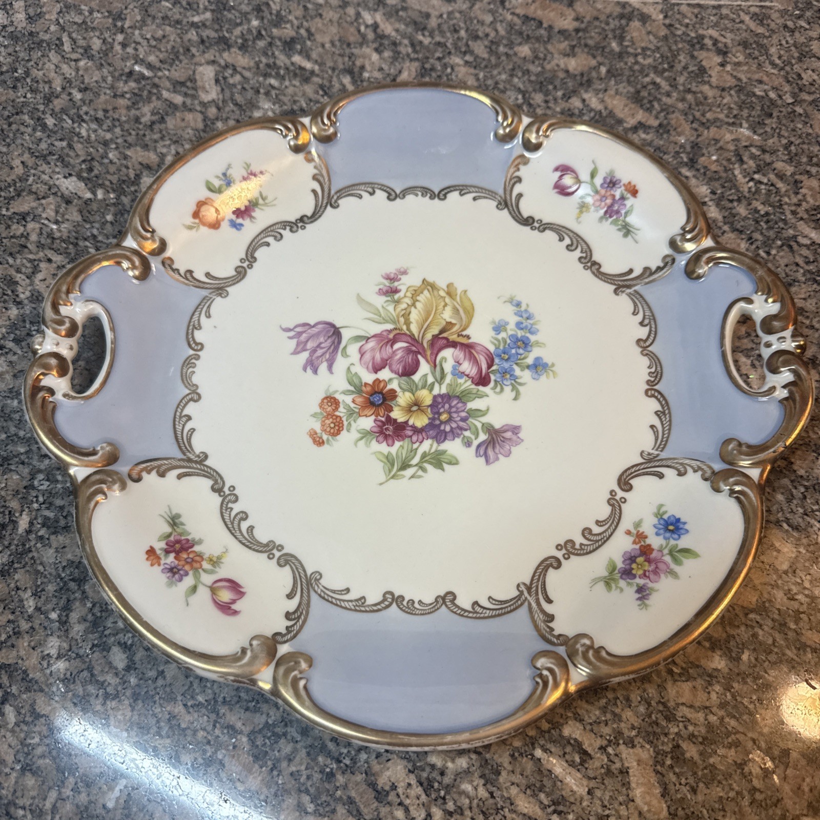 Vtg Tirschenreuth Bavaria Hand Painted Roses Cake Plate Handles 11”