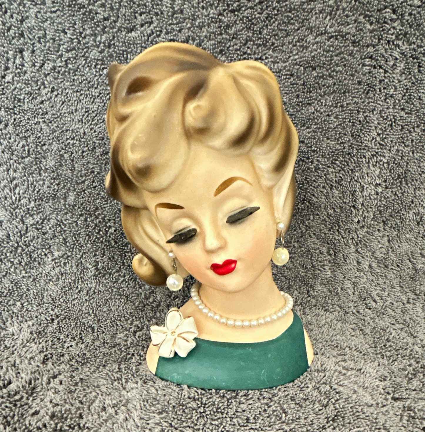 Vintage 1950s Ceramic Lady Head Vase Planter Figurine, Blonde Green Dress Vintage 1950s Ceramic Lady Head Vase Planter Figurine, Blonde Green Dress