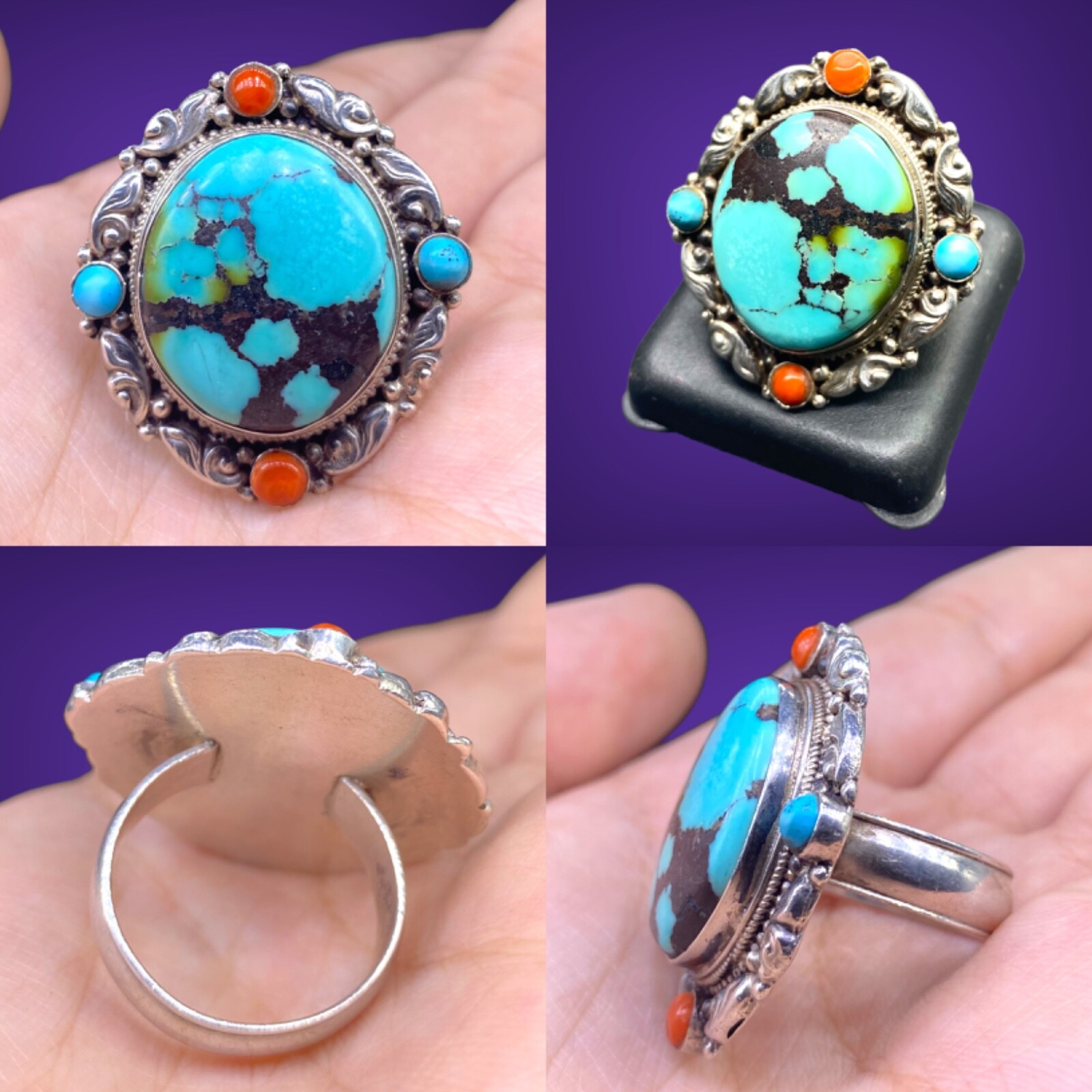 GENUINE TIBETAN TORQUISE SOLID SILVER VINTAGE RING