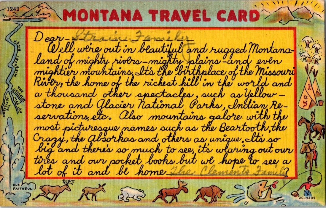 1954 Montana Travel Card Postcard West Yellowstone Missouri River Parks Wildlife 1954 Montana Travel Card Postcard West Yellowstone Missouri River Parks Wildlife