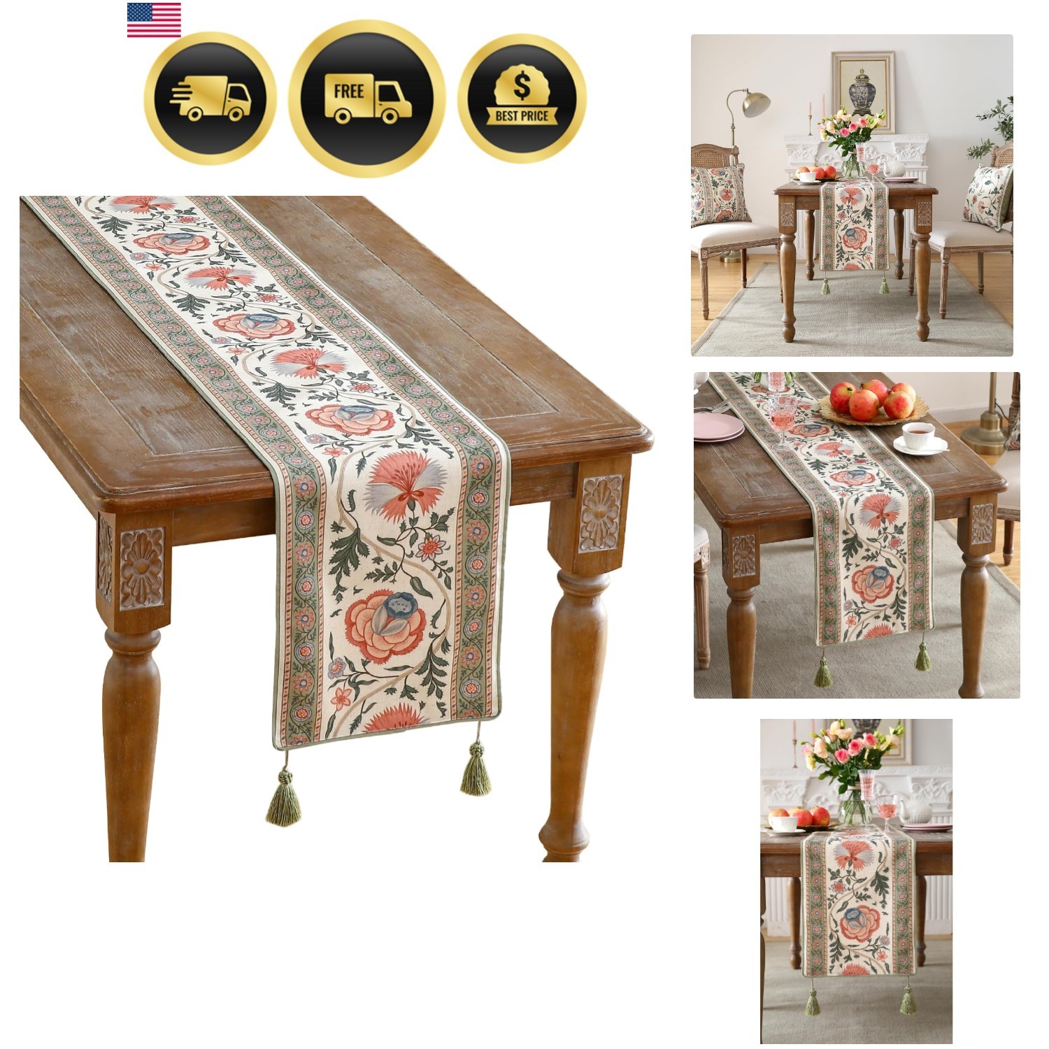Vintage Linen Table Runner Floral Classic 87x12 Inches Home Decor Vintage Linen Table Runner Floral Classic 87x12 Inches Home Decor