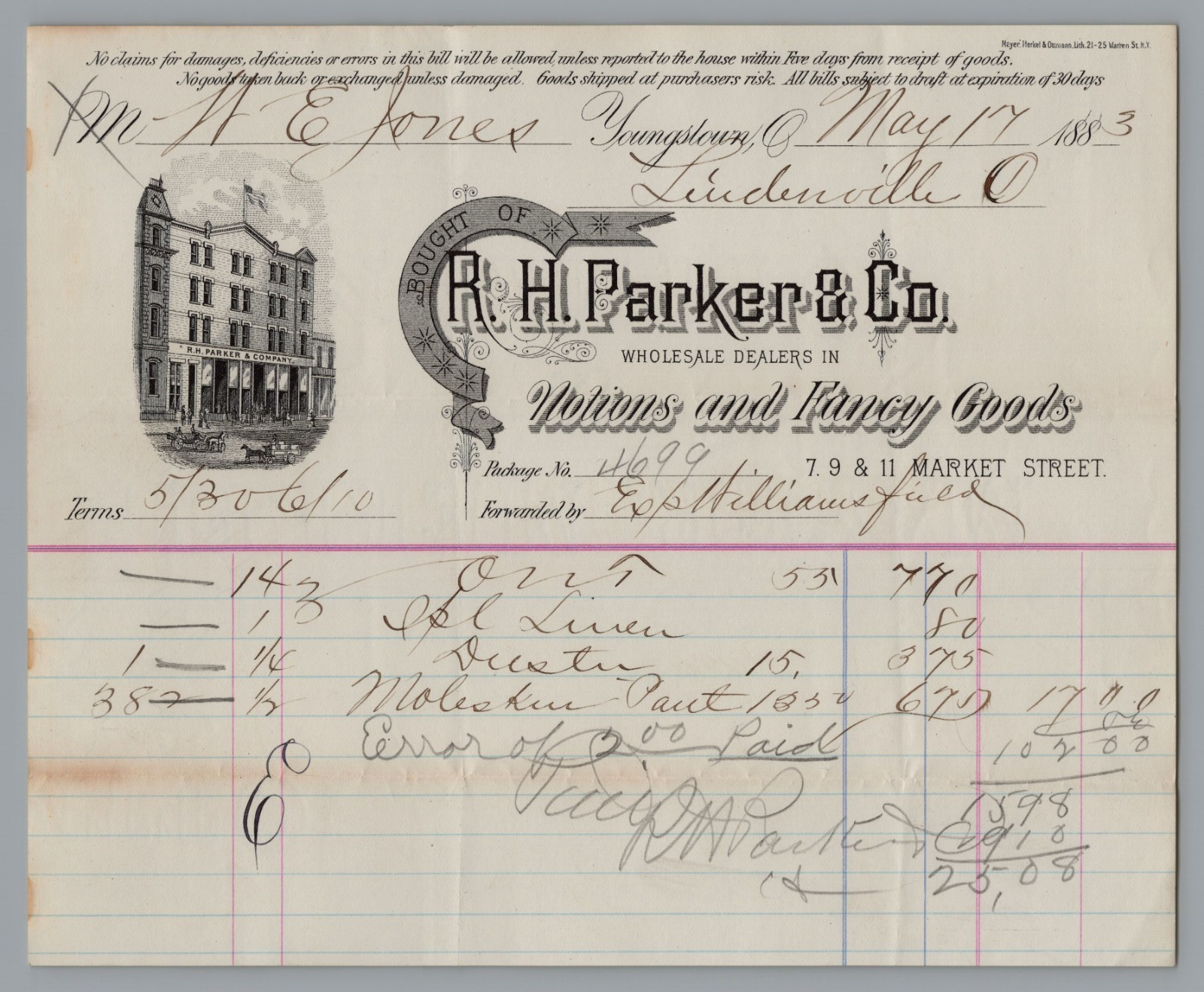 1883 Illustrated Billhead R.H. Parker & Co. Youngstown, Ohio - Fancy Goods 1883 Illustrated Billhead R.H. Parker & Co. Youngstown, Ohio - Fancy Goods