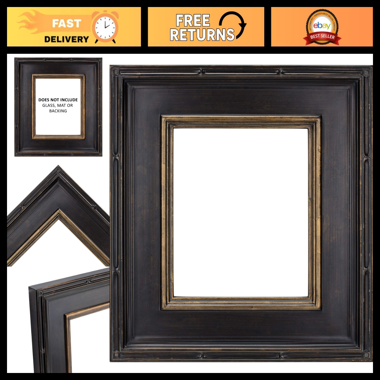 Ornate 8x10 Antique Black & Gold Picture Frame - High-End Plein Air Style, Open